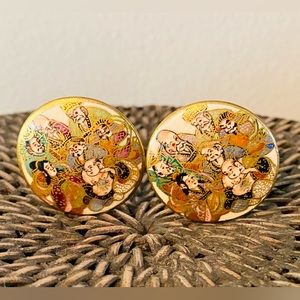 Antique Satsuma 7 Immortal Luck Gods Button Clip Earring Hand Painted Porcelain